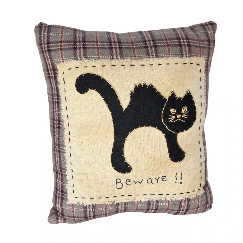 Primitive Halloween Black Cat Beware Plaid Decorative Pillow Folk Art Decor